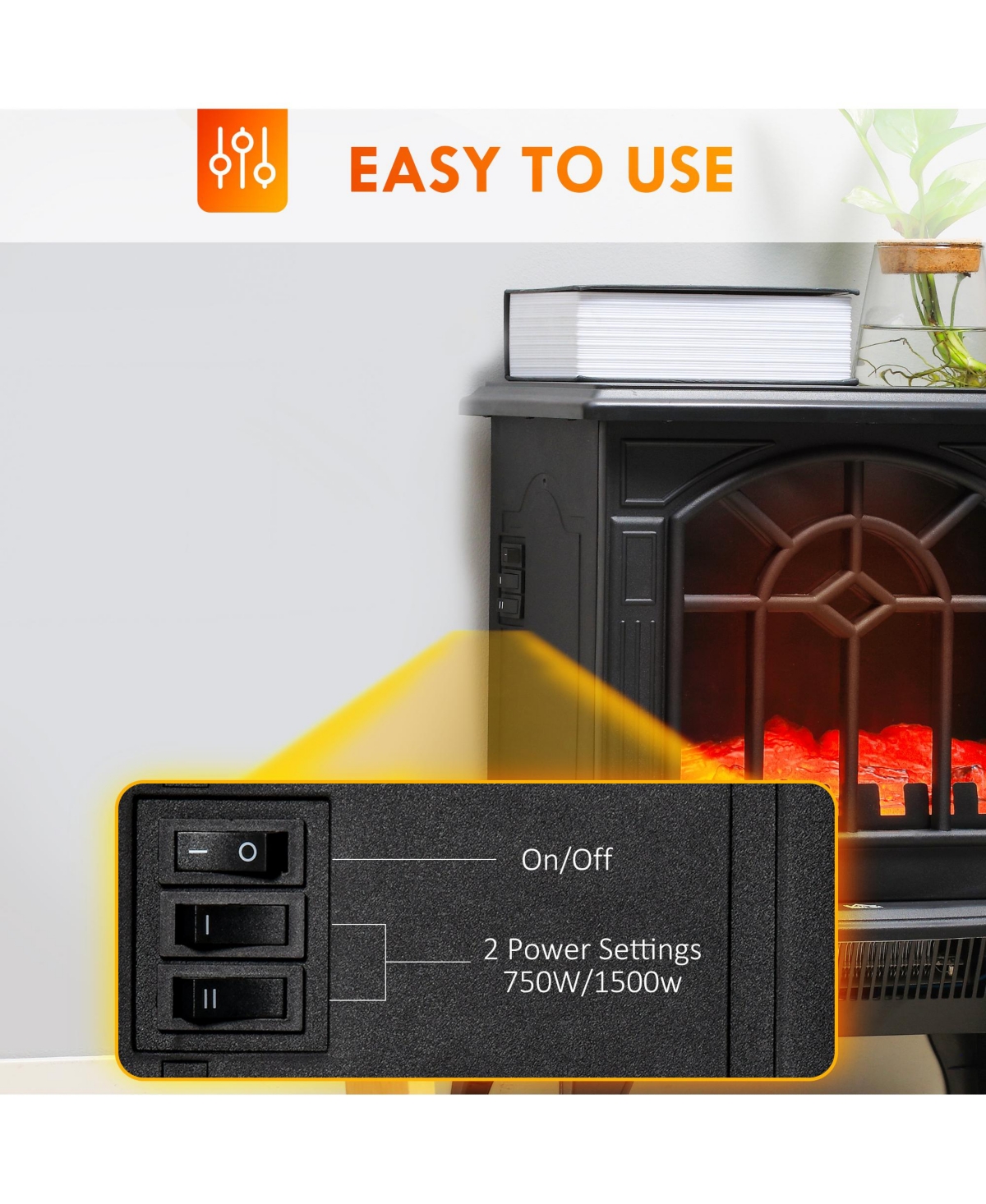 Homcom Freestanding Indoor Electric Heater w/Realistic Flame & 2 Heat Settings