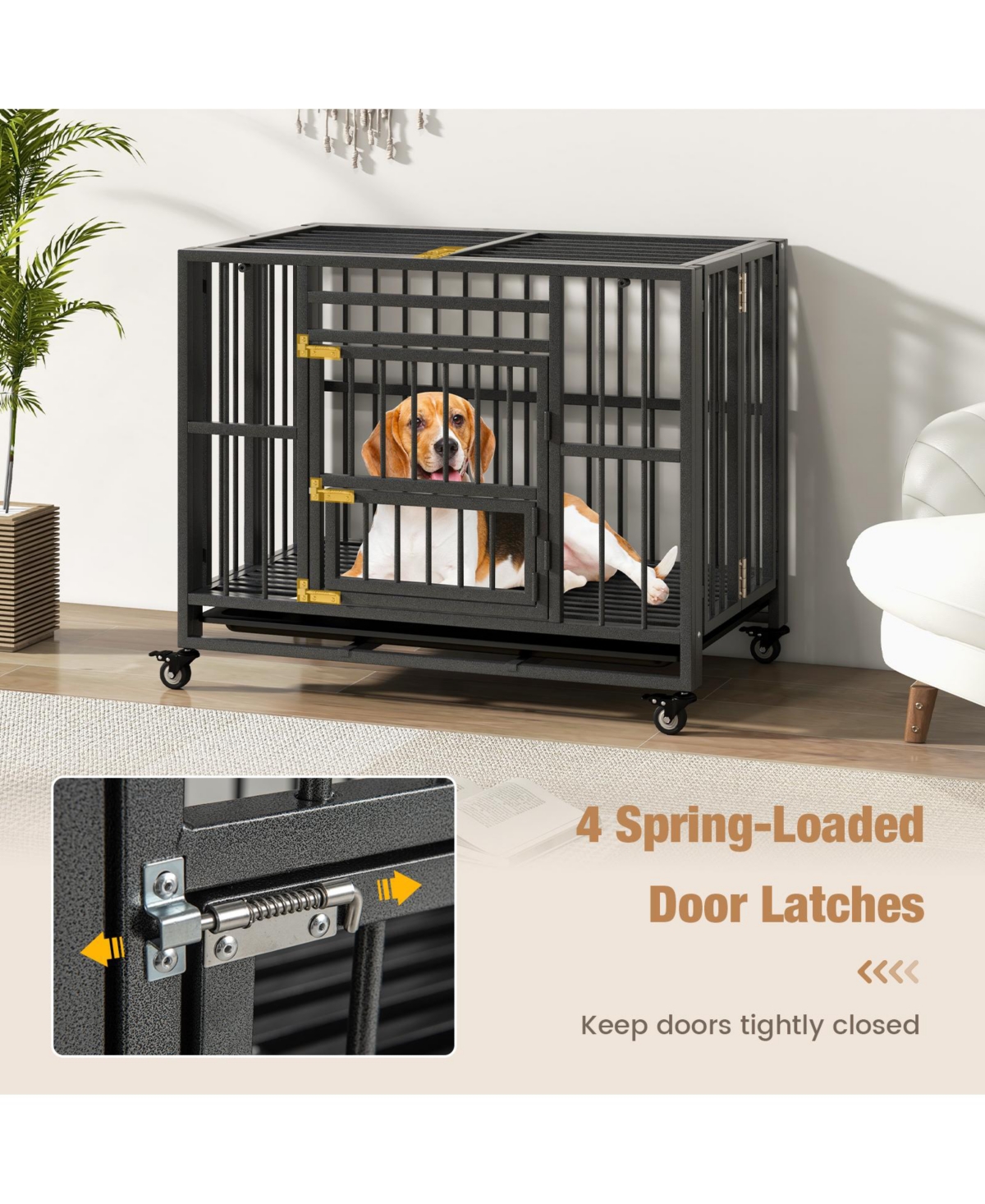 Sugift Foldable Heavy-Duty Metal Dog Cage Chew-proof Dog Crate with Lockable Universal Wheels