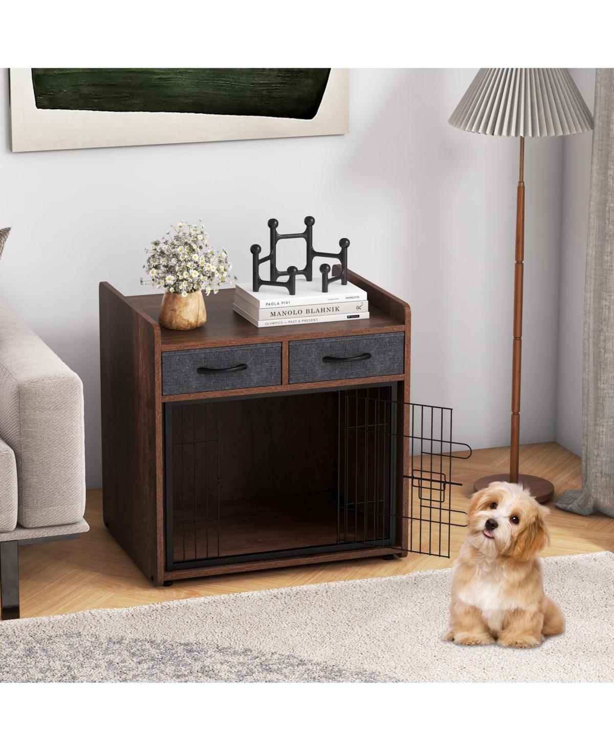 Sugift Dog Crate Furniture Indoor Dog Cage with 2 Fabric Drawers End Table