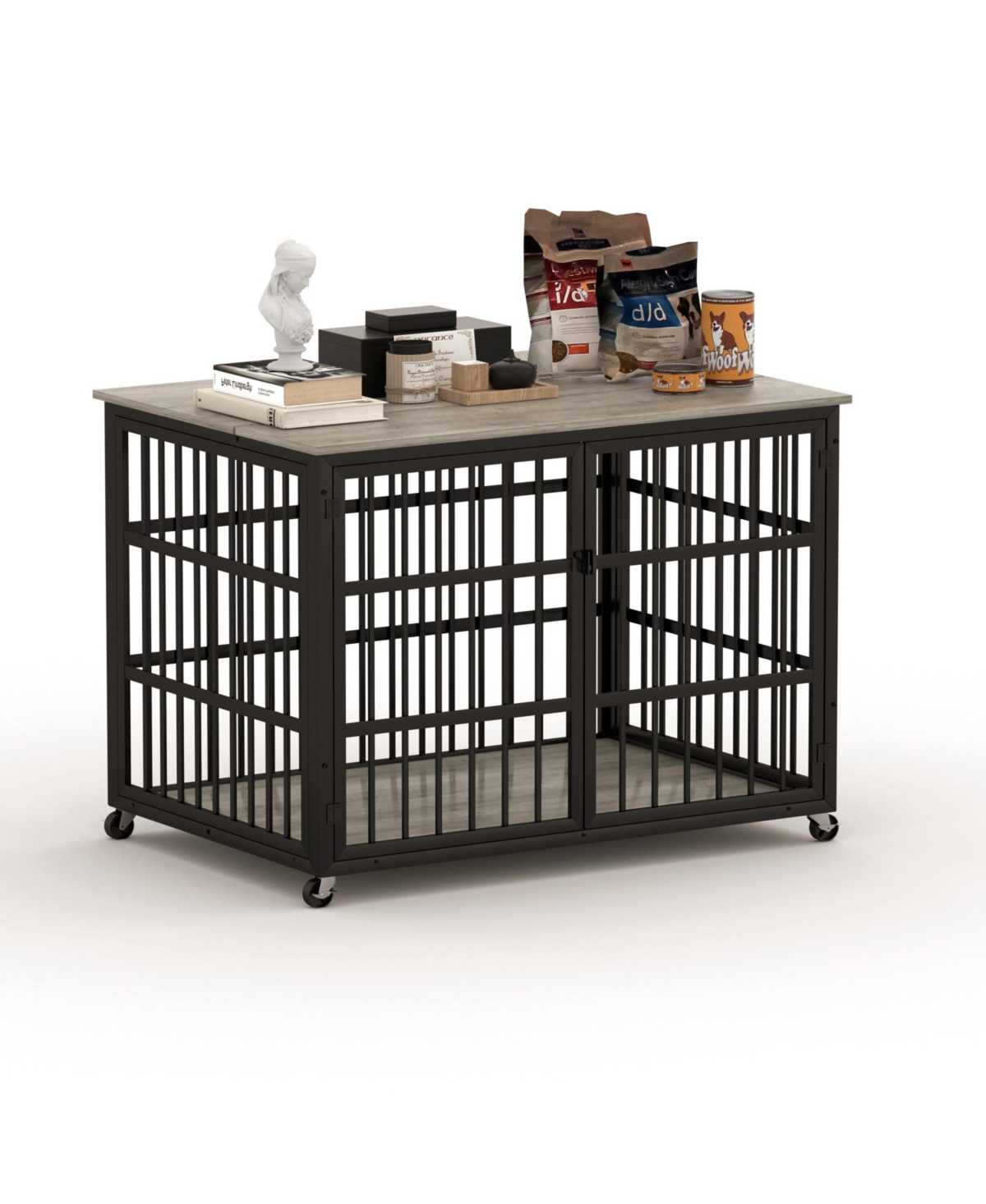 Aostirmotor 43.3 in. W x 29.9 in. D x 33.5 in. H dog crate wrought iron frame door with side openings in Gray