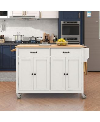 54.3inch Kitchen Island Cart with Solid Wood Top, Locking Wheels, 4-Door Cabinet, Two Drawers, Spice Rack and Towel Rack for Dining Room