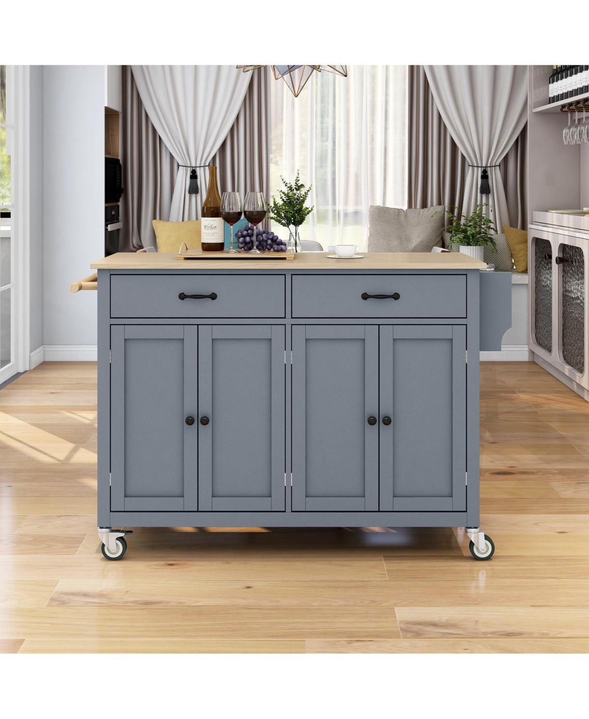 sumyeg 54.3inch Kitchen Island Cart with Solid Wood Top, Locking Wheels, 4-Door Cabinet, Two Drawers, Spice Rack and Towel Rack for Dining Room