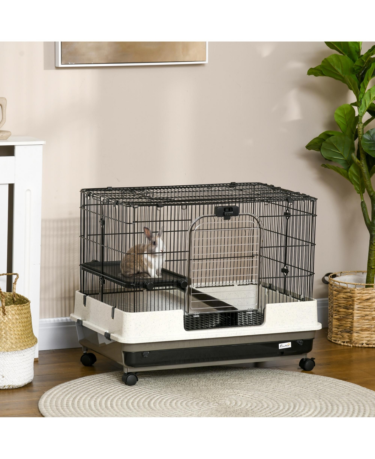 PawHut Small Animal Cage with Wheels, Portable Bunny Cage 2-Tier