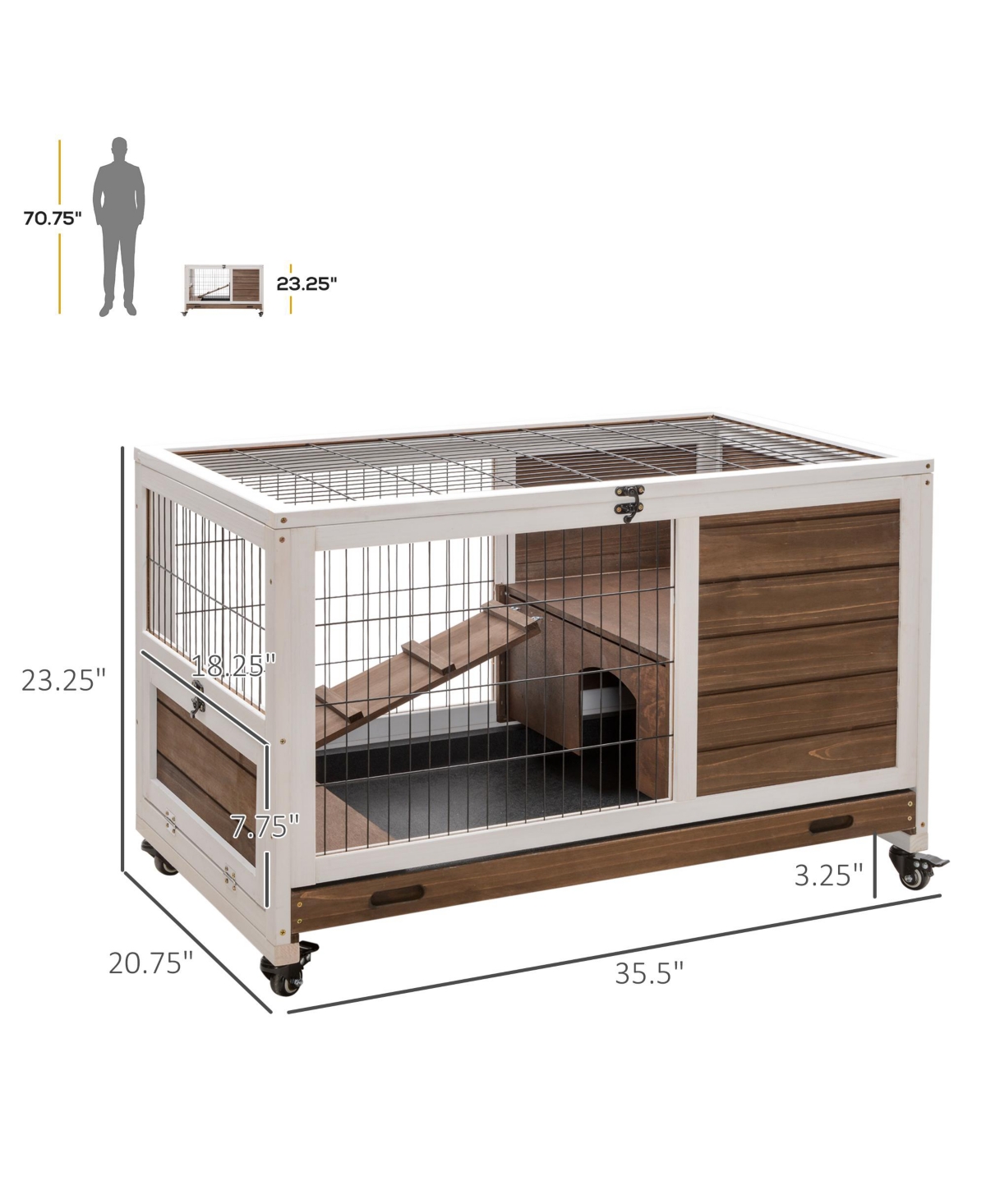 PawHut Rabbit Hutch Indoor Small Animal House w/ Pull Out Tray Casters Ramp