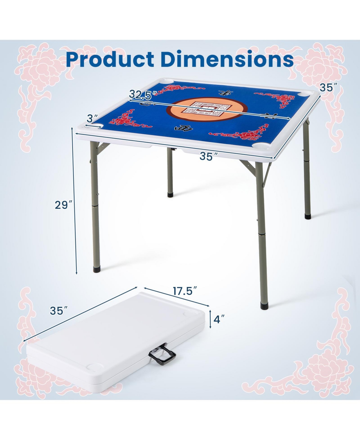 Portable Folding Mahjong Table with Cup Holders & Game Mat