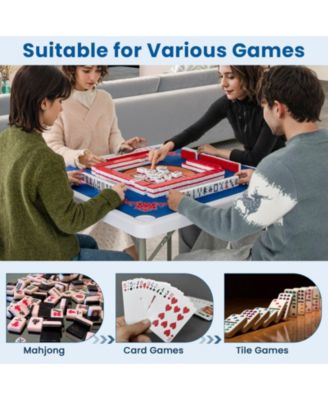Portable Folding Mahjong Table with Cup Holders & Game Mat