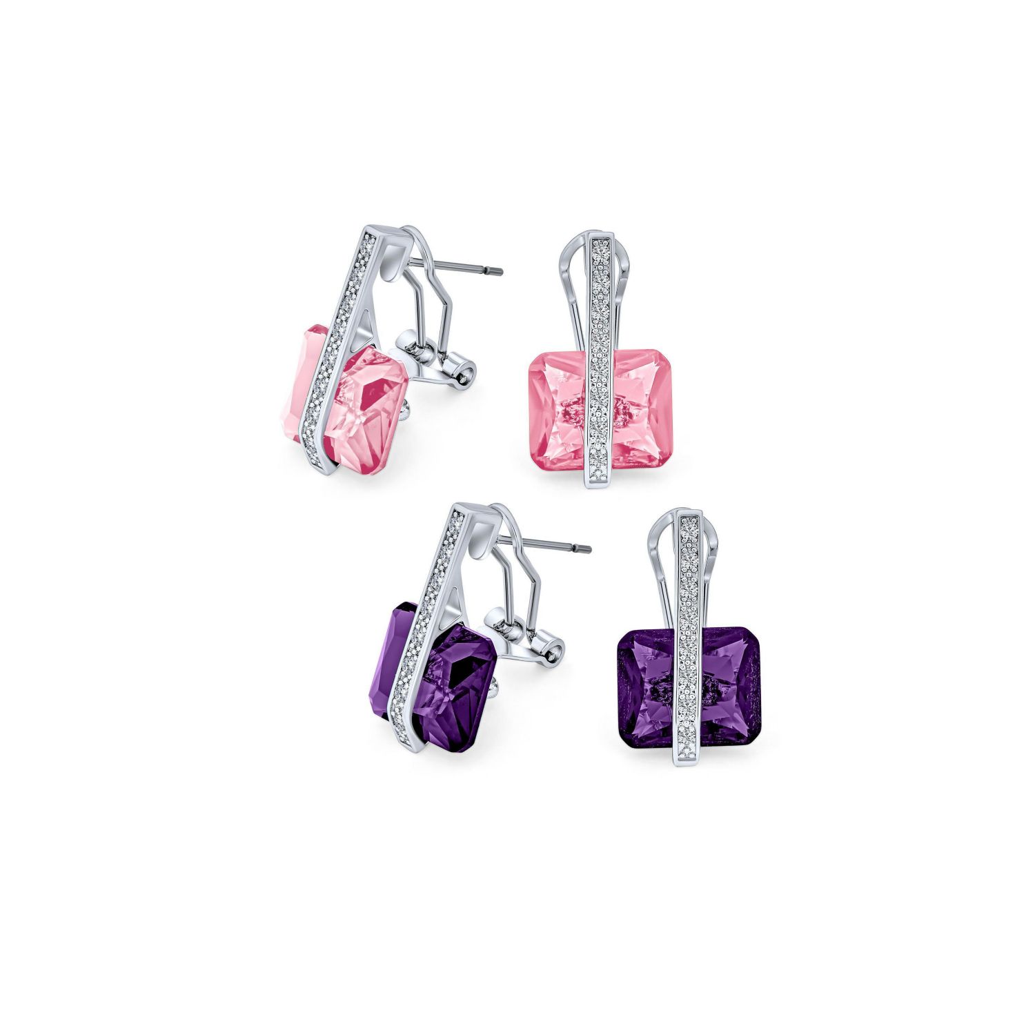 Art Deco Style Pink and Blue Rectangle CZ Drop Cocktail Earrings Silver