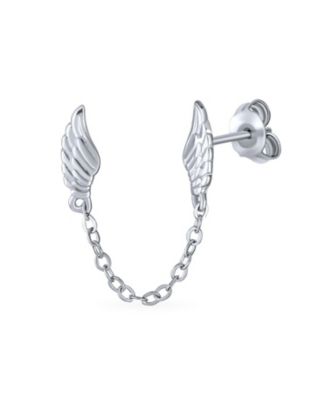 Set of 2 Angel Wing Feather Stud Earrings Chain Sterling Silver for Double Piercing