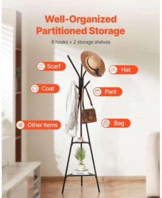 Freestanding Design Coat Rack Stand with 2 Storage Shelves, 6 Hooks