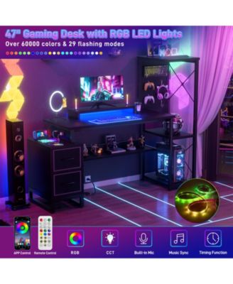 Gaming Desk with 2 Fabric Drawers and LED Lights, Reversible Computer Desk with Outlets & DIY Pegboard