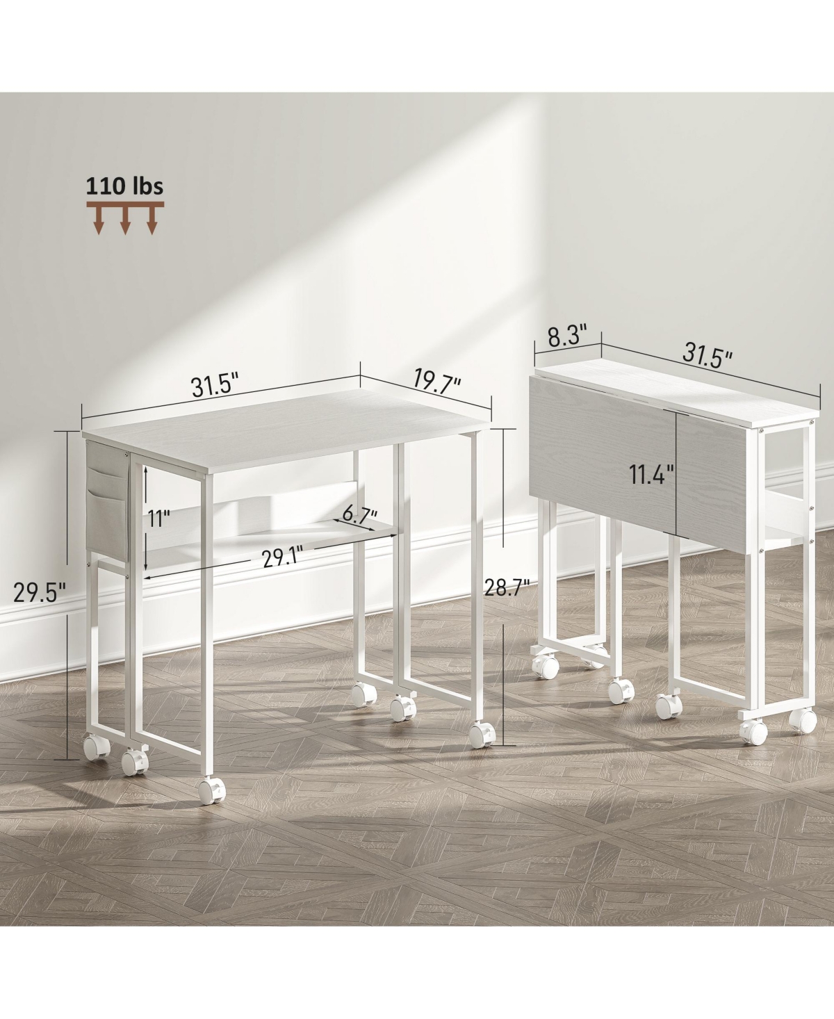 Homcom Small Folding Desk Foldable Computer Desk with Shelf Wheels