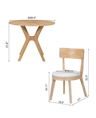 3-Piece Mid-Century Modern Dining Set, 39.4" Round Table and 2 Upholstered Chairs, Oak Finish, for Kitchen or Small Apartment