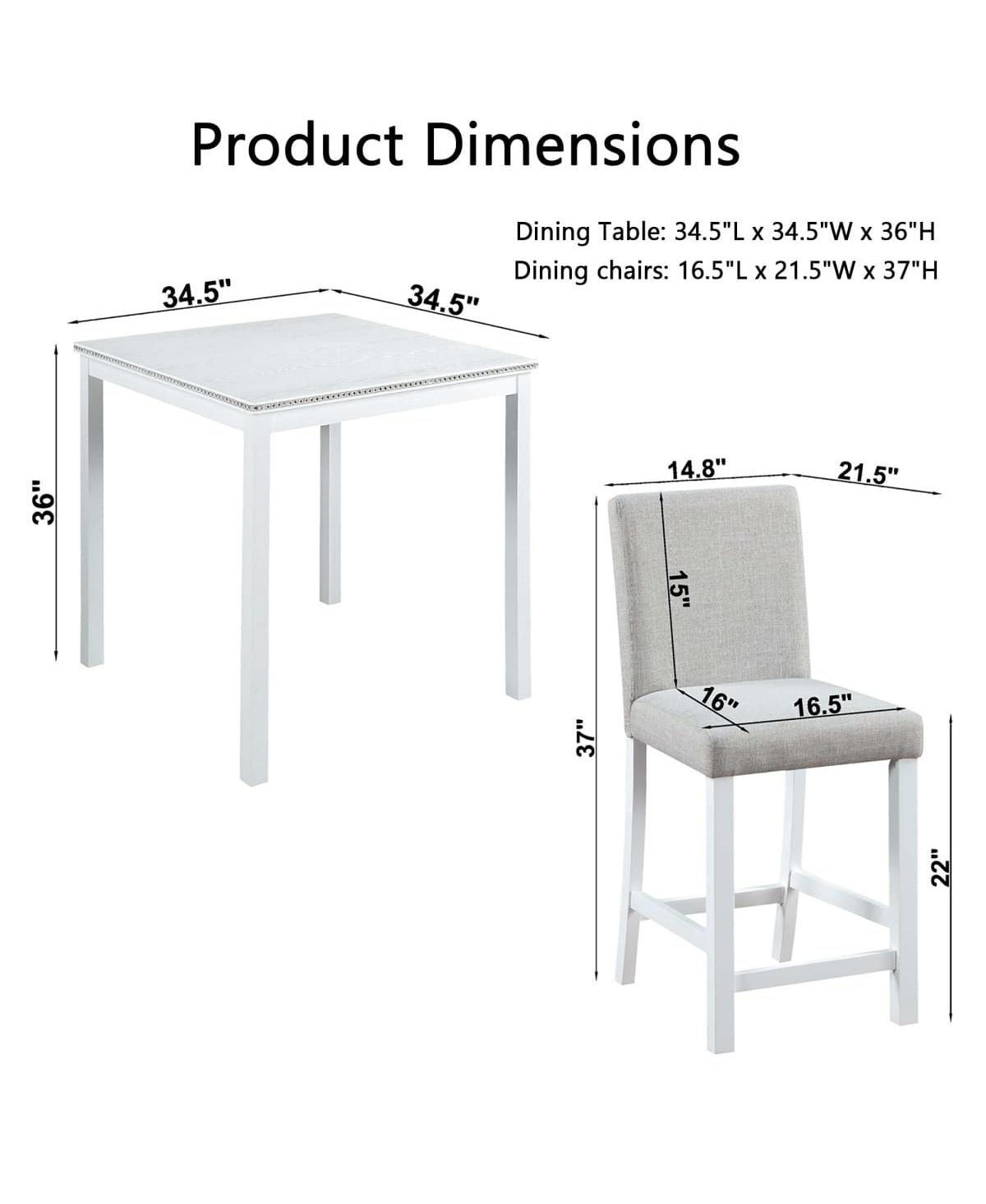5-Piece Counter Height Dining Set with 4 Upholstered Chairs, 34.5" Square Table with Crystal Trim for Small Dining Room-Maison Boucle