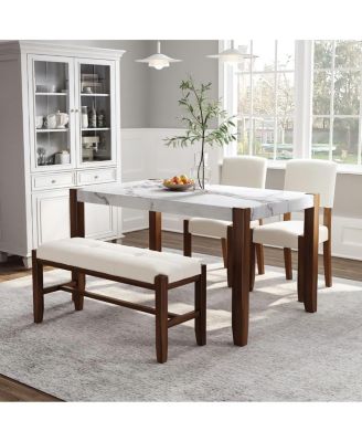 4-Piece Dining Table Set with Faux Marble Top, 2 Upholstered Chairs and Bench, Kitchen Table Set for Small Spaces