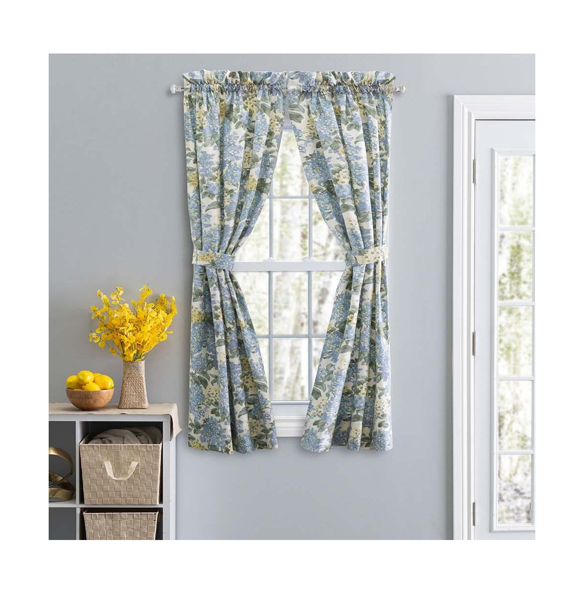 Ellis Hydrangea Classic Pattern Printed 1.5" Rod Pocket Window Tailored Pair with Ties 68"x72" Blue