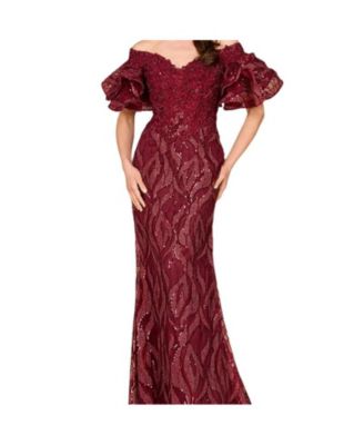 Women's Off shoulder mermaid beaded gown with tiered sleeves