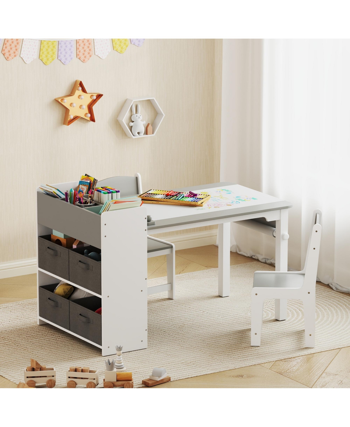 Qaba Kids Desk and Chair Set, Activity Craft Table for 3-8, Natural Wood