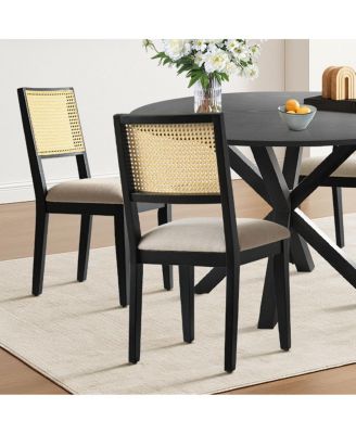 5-Piece Black Round Dining Set, MDF Table with Faux Rattan Back Chairs and Upholstered Seats Apartment Small Dining Room-Maison Boucle