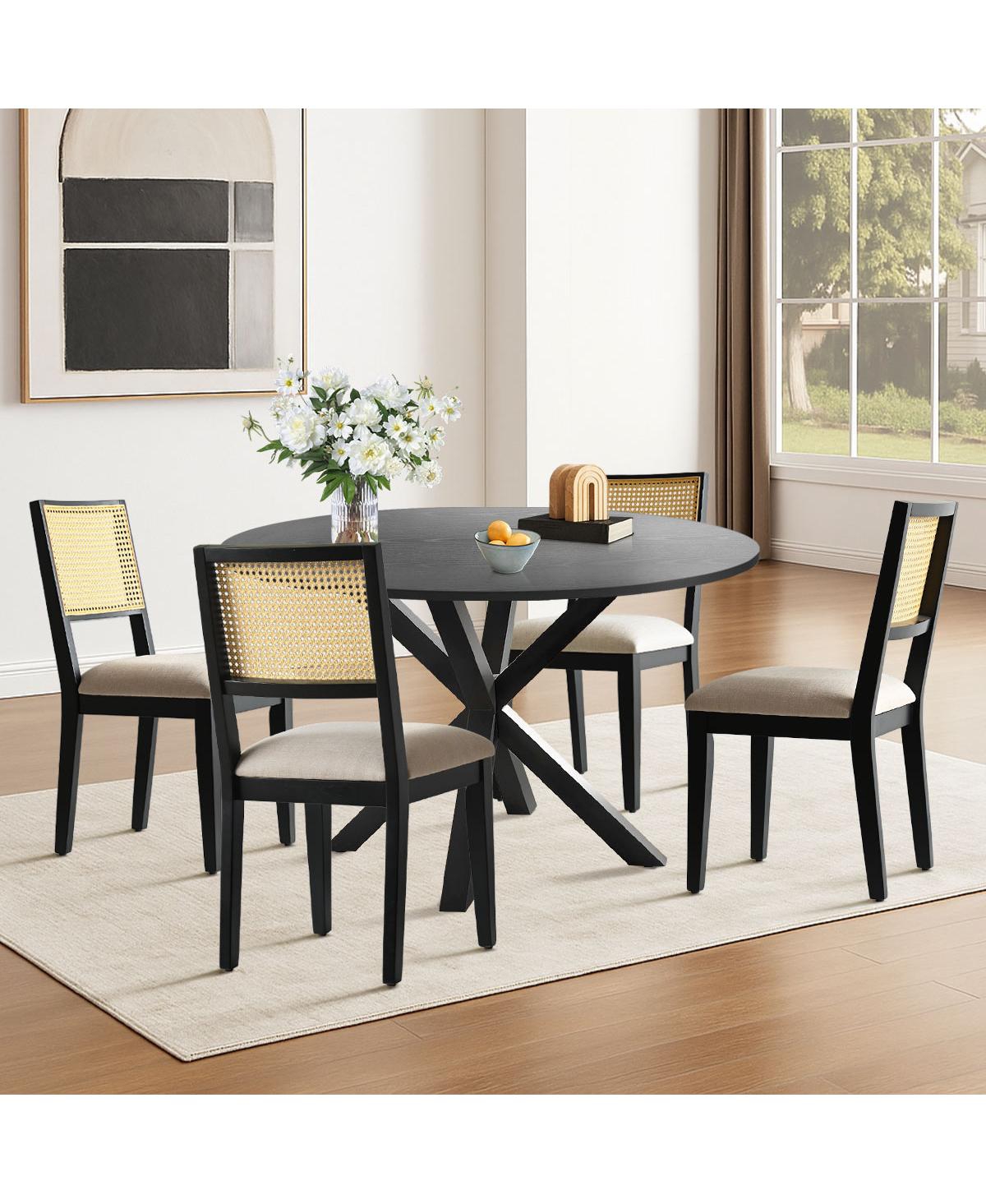 Maison Boucle 5-Piece Black Round Dining Set, Mdf Table with Faux Rattan Back Chairs and Upholstered Seats Apartment Small Room-Maison