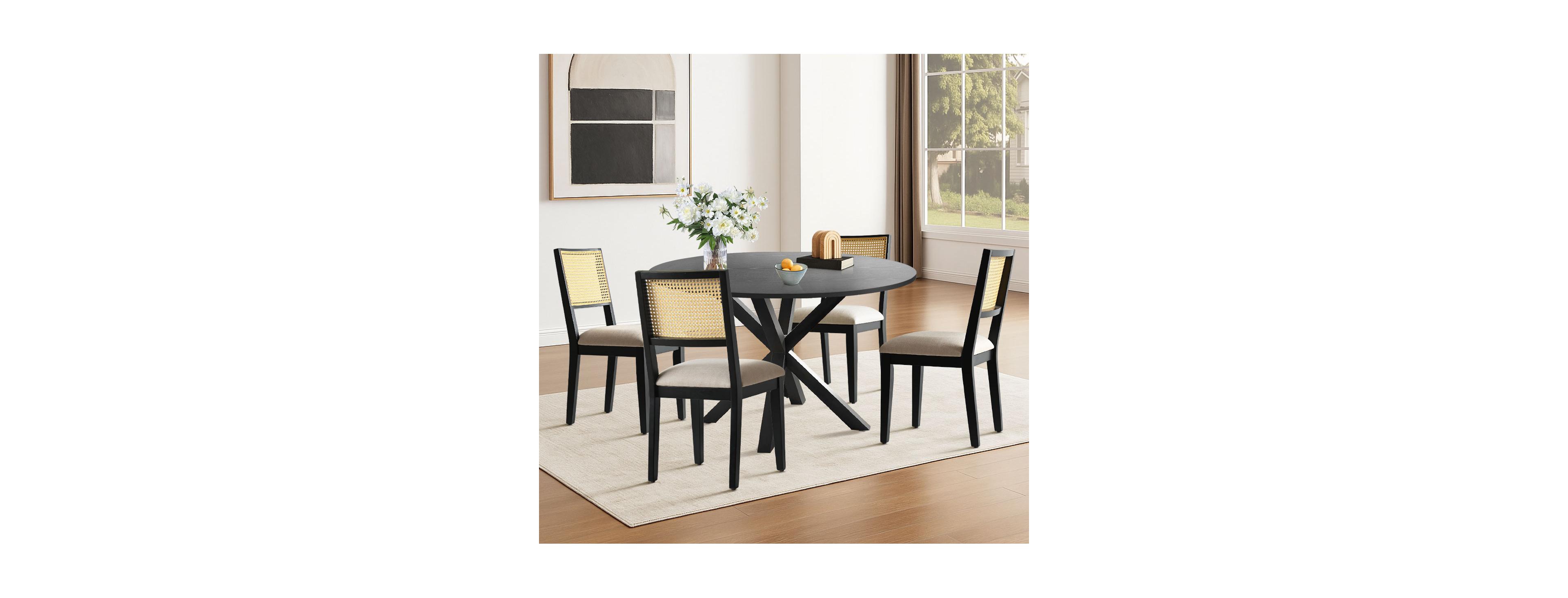 Maison Boucle 5-Piece Black Round Dining Set, Mdf Table with Faux Rattan Back Chairs and Upholstered Seats Apartment Small Room-Maison