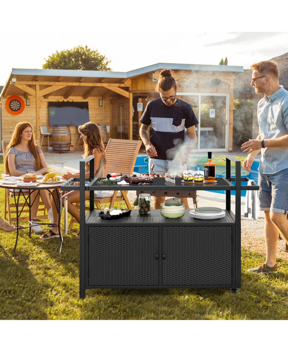 Sugift Outdoor Bar Cart Wicker Buffet Serving Cart with Cabinet and 8 Hooks.