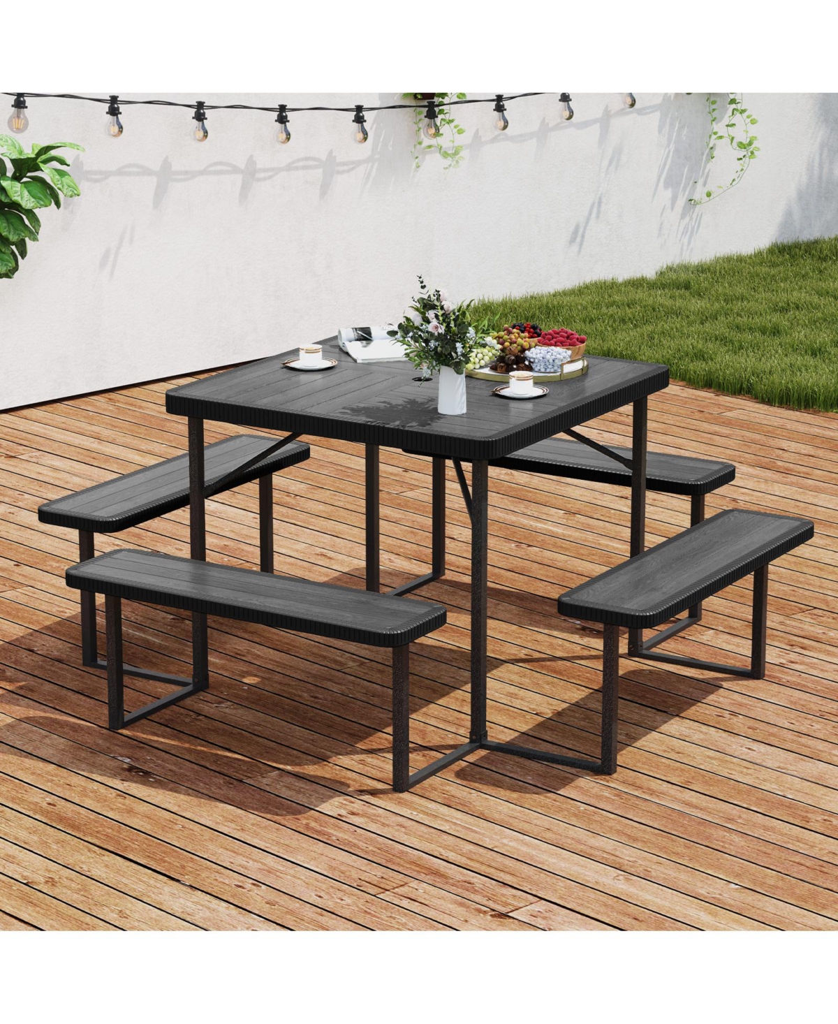 Outdoor Square Picnic Table Bench Set for 4-8 People with Umbrella Hole