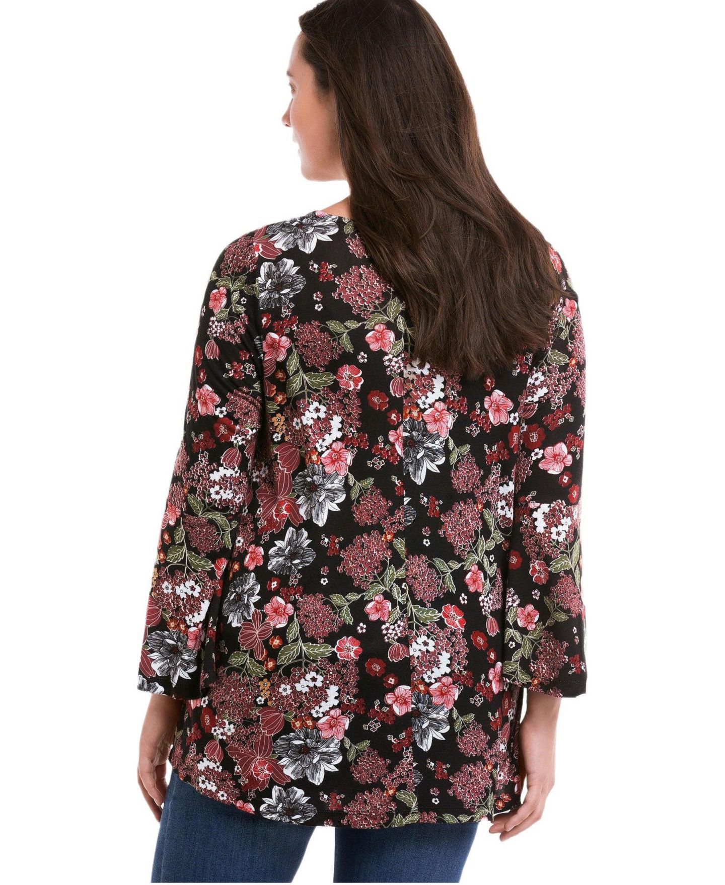 Женский топ ellos Plus Size Bell Sleeve A-Line Knit Tunic, цвет: Чёрный с принтом — фото 2