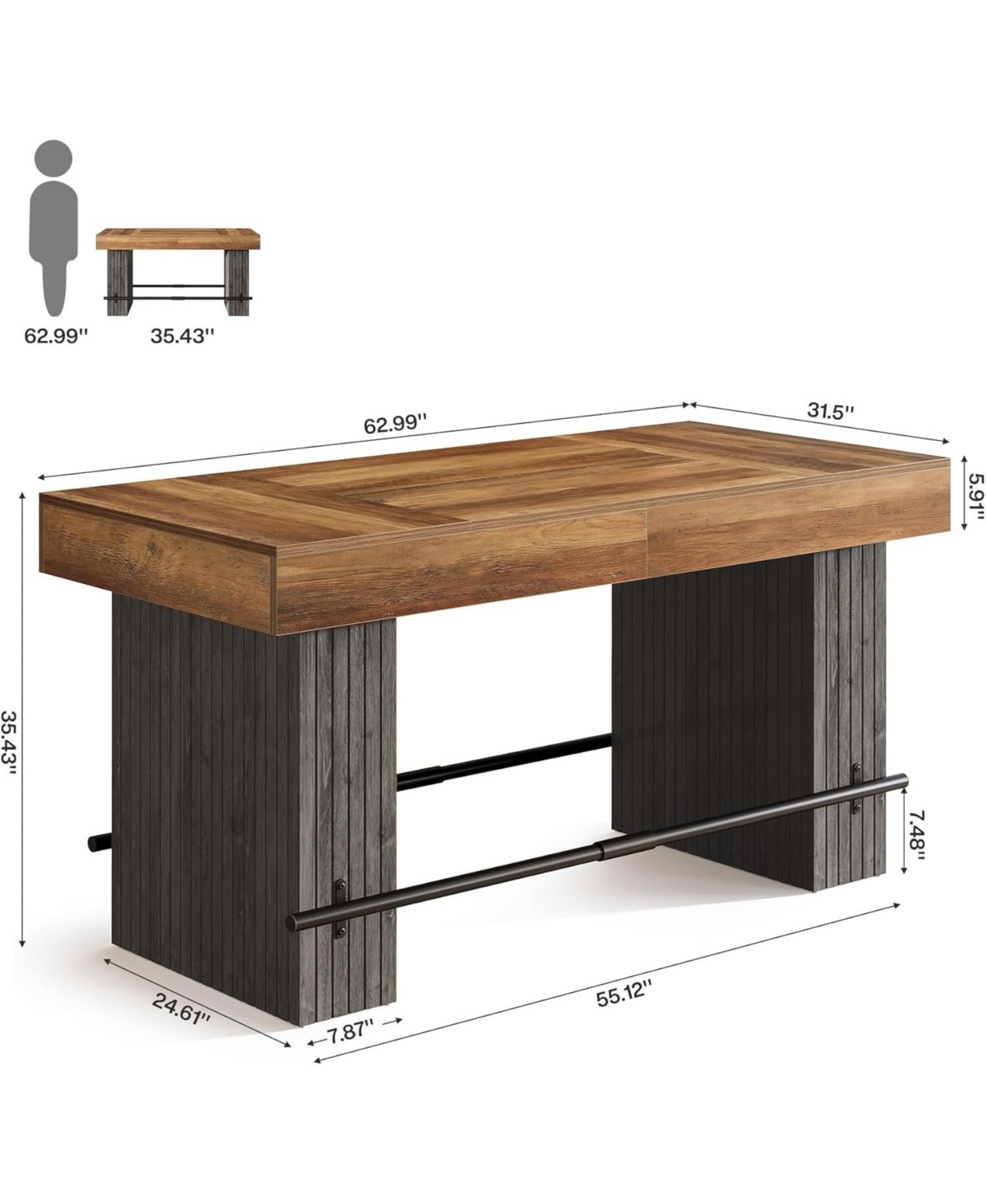Tribesigns 63 Inch Kitchen Island, Rectangular Bar Table, Industrial Counter Height Pub Dining Table