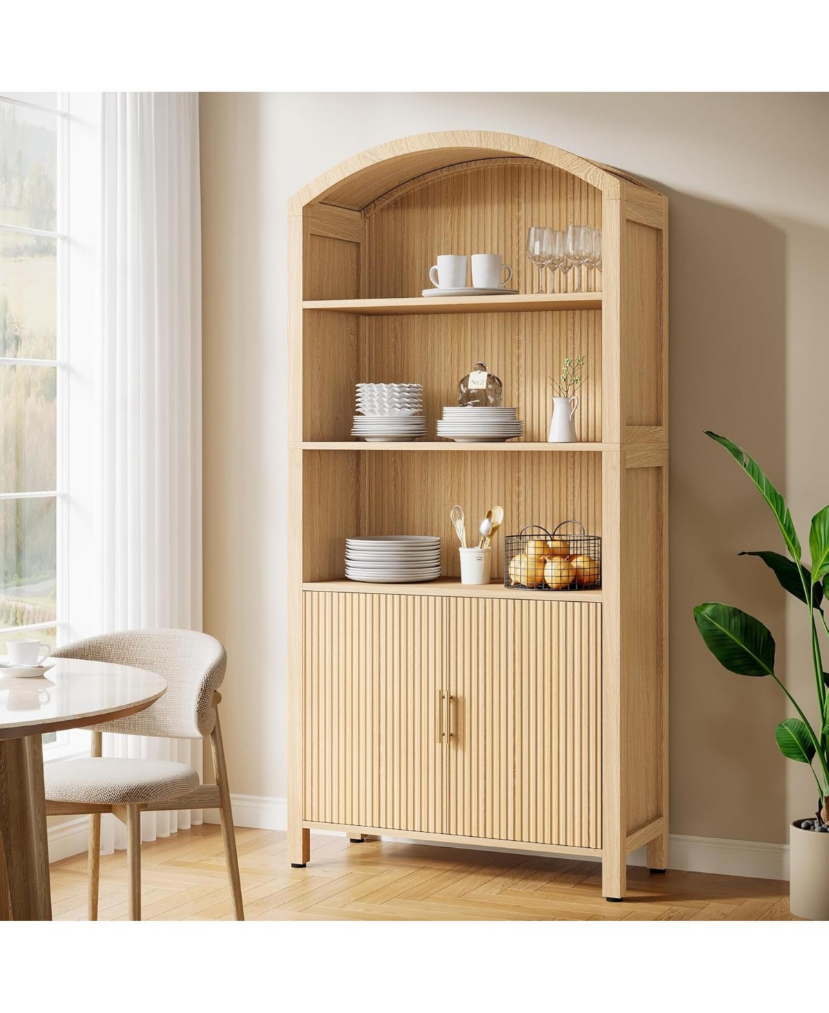 Tribesigns 71" Tall Arched Kitchen Pantry Cabinet with Doors, Fluted Modern 5-Tier Storage Cabinet with Open Shelves