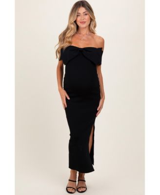 Maternity Black Bow Detail Off Shoulder Side Slit Midi Dress