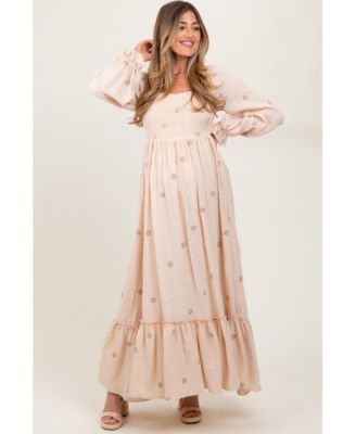Maternity Cream Long Sleeve Floral Accent Dress