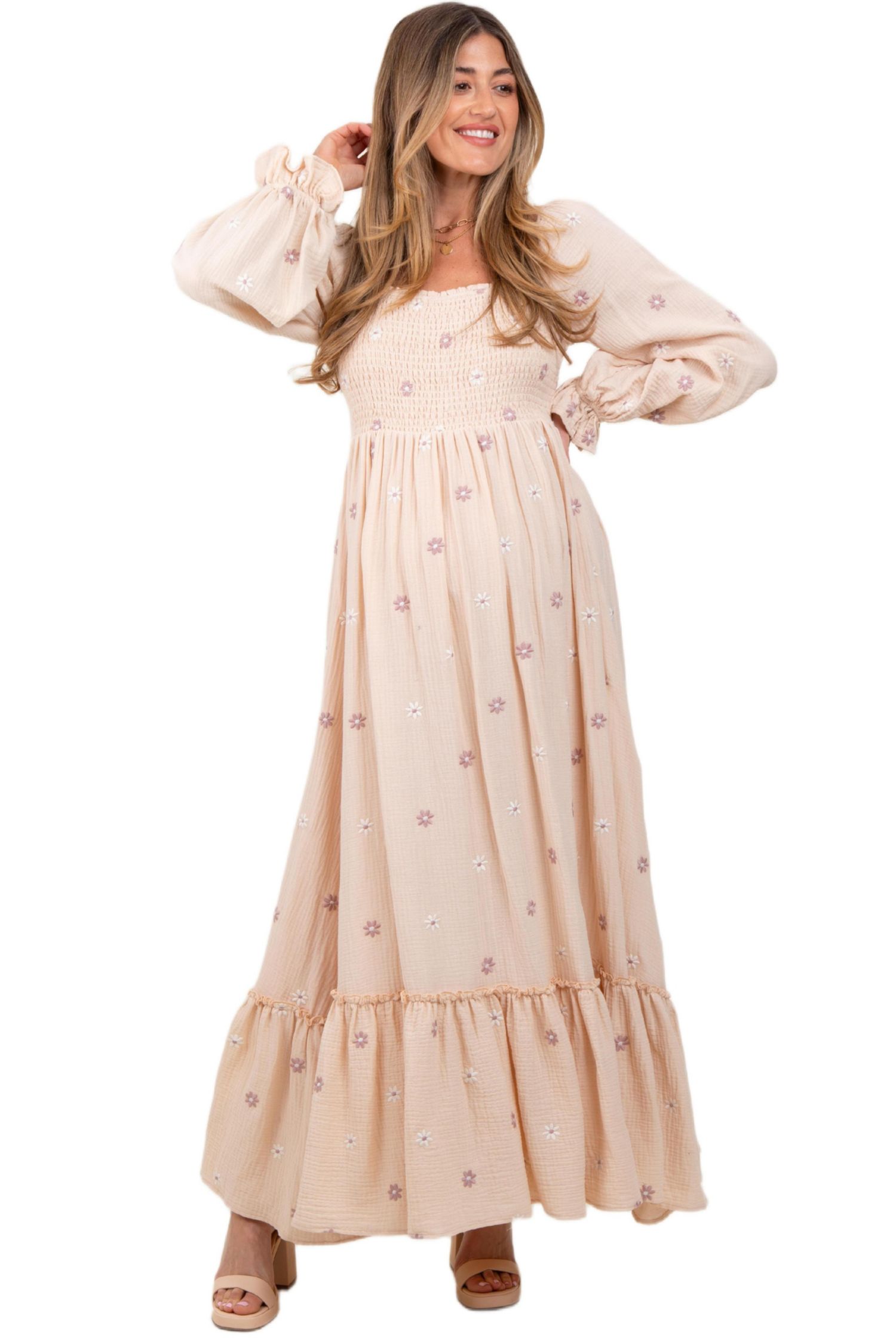 Women's Grey Taupe Long Sleeve Floral Accent Dress