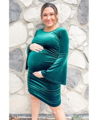 Maternity Forest Green Velvet Ruched Bell Sleeve Dress