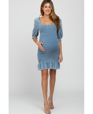 Maternity Light Blue Square Neck Smocked Denim Dress