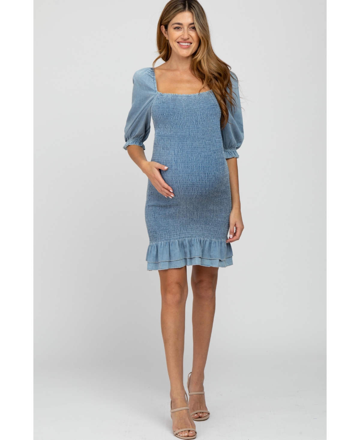 Pinkblush Maternity Light Blue Square Neck Smocked Denim Dress