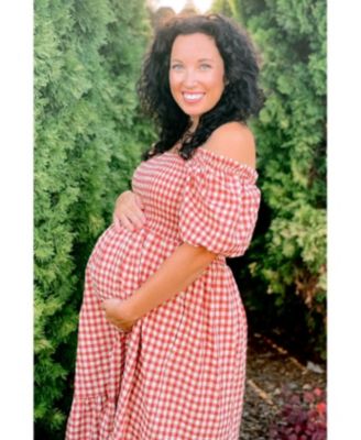 Maternity Rust Gingham Smocked Midi Dress