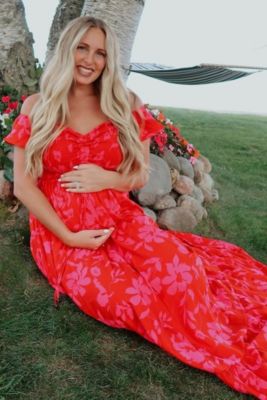 Maternity Red Floral Smocked Cinched Top Maxi Dress