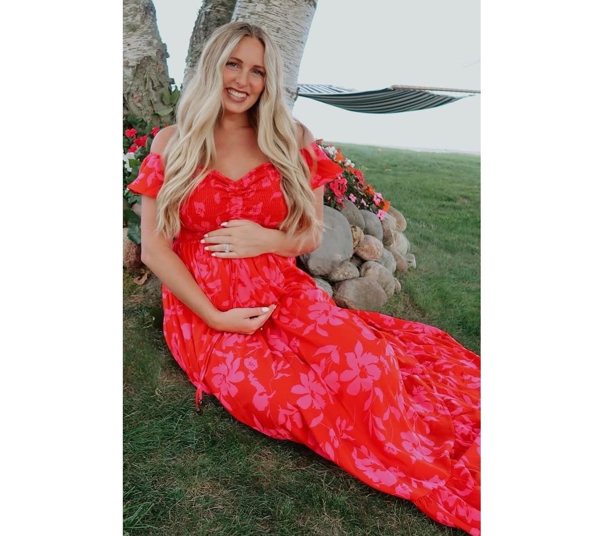 Pinkblush Maternity Red Floral Smocked Cinched Top Maxi Dress