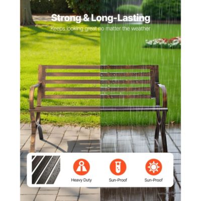 Outdoor Patio Bench with Metal Frame and Slatted Backrest.