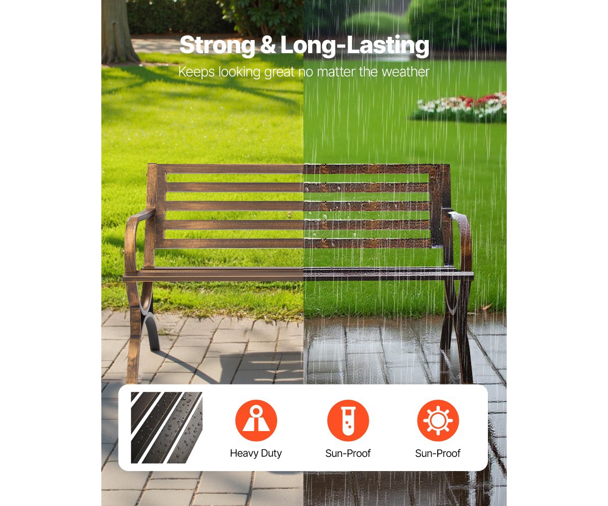 Slickblue Outdoor Patio Bench with Metal Frame and Slatted Backrest.