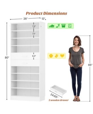 8-Tier Shoe Rack with 2 Drawers, 80'' High Wooden Shoe Cabinet with Adjustable Shelves