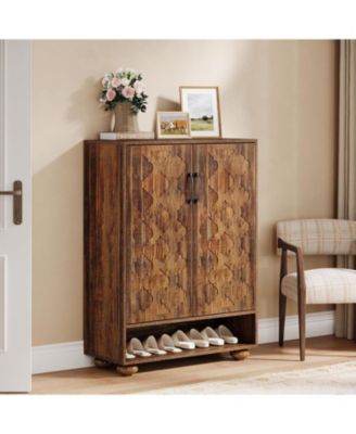 Shoe Cabinet with Doors, 6-Tier Shoe Rack with Adjustable Shelves and Solid Wood Feet