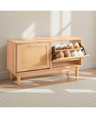Wood Shoe Bench with Flip Drawer and Rattan-Like Detailing