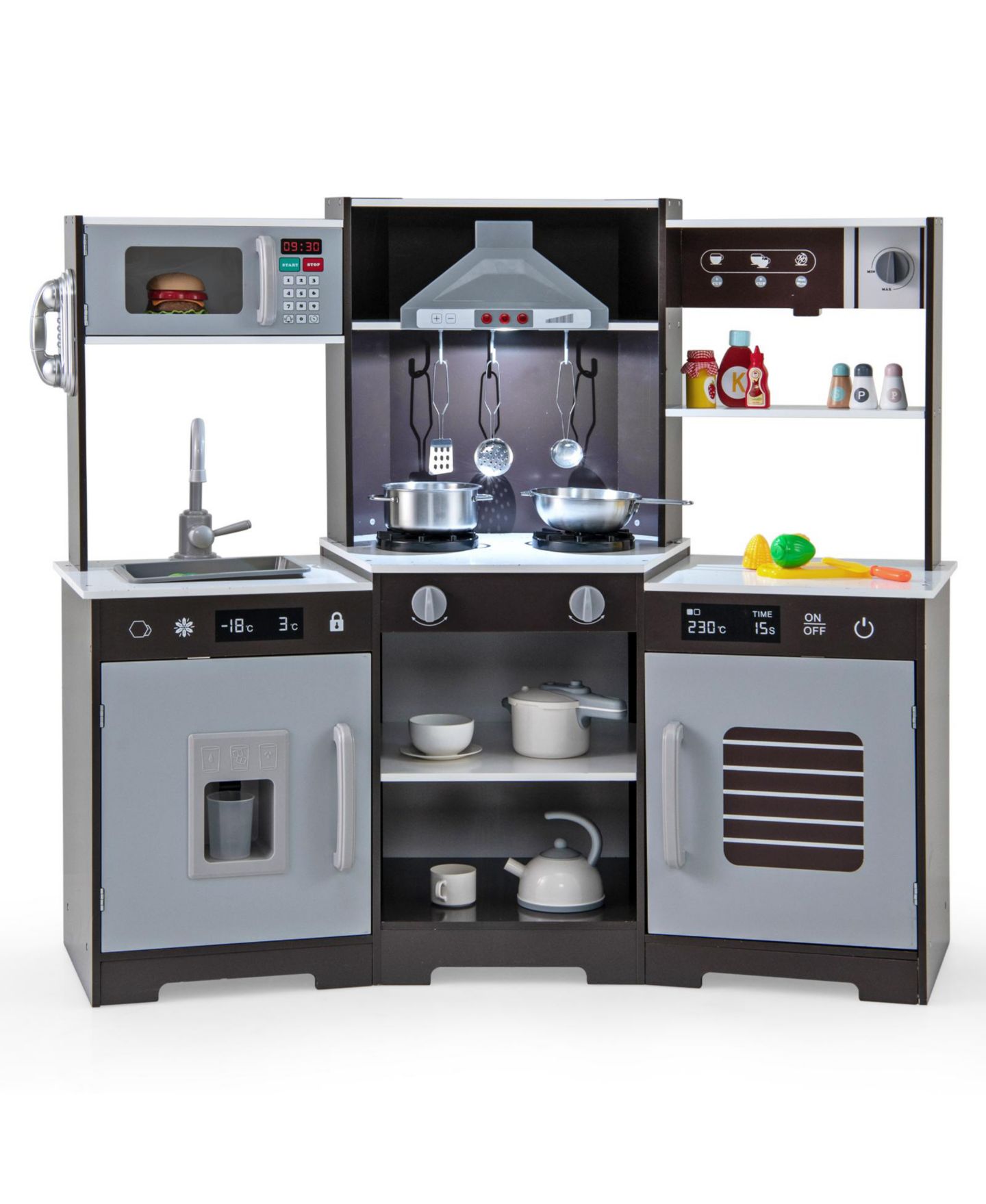 Детская игрушка SKONYON Wooden Play Kitchen with Working Range Hood, Sound Effects & Lights, Ages 3+, цвет: Серый — фото 1