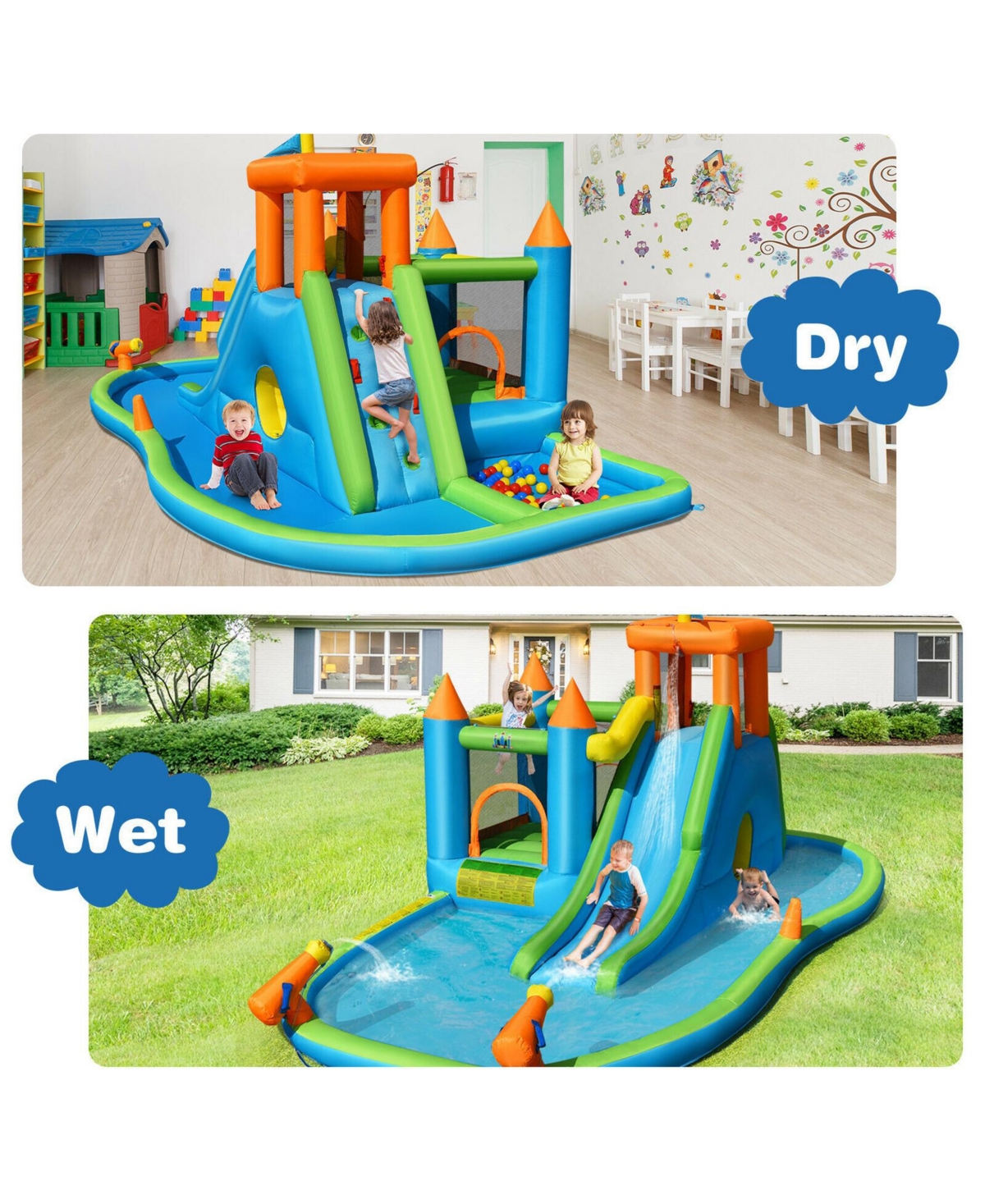 Inflatable Water Slide Kids Bounce House Splash Water Pool with 735W Blower