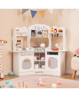 Corner Wooden Play Kitchen with Coffee Machine and Slide for Kids