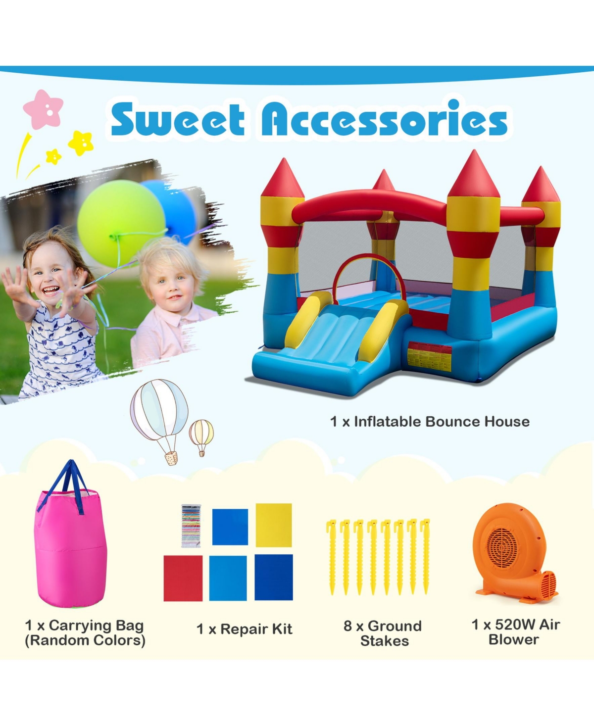 Sugift 3-in-1 Kids Bouncer with Slide with 520W Blower for Yard