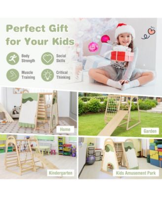 6-in-1 Wooden Kids Jungle Gym Playset with Slide Climbing Net-Natural