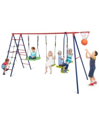 550 LBS 6-in-1 Patio Kids Swing Set with Climbing Net and Ladder-Red