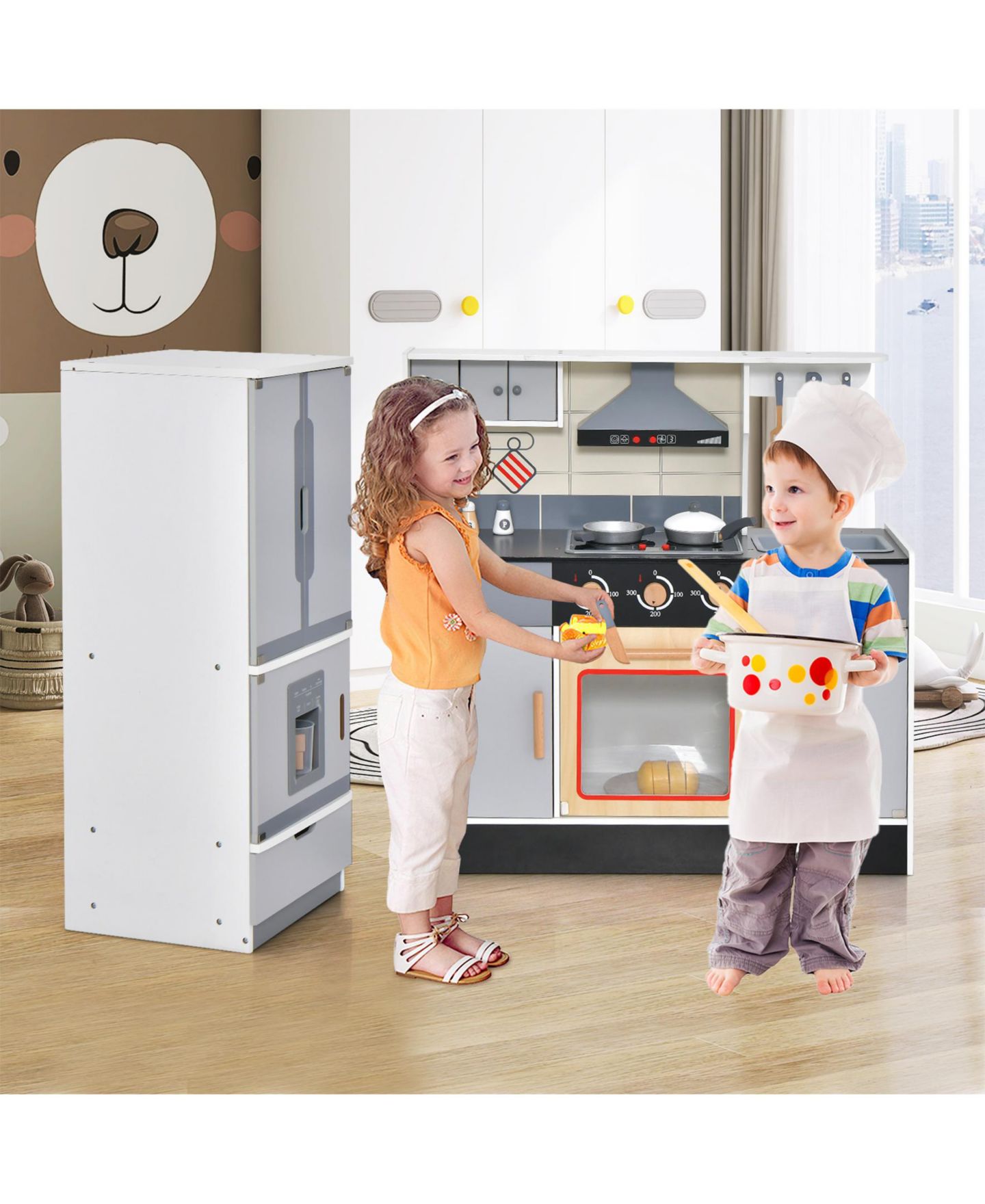 Детские игрушки SUGIFT 2-in-1 Wooden Play Kitchen and Refrigerator with Light and Sound Effects, 14-Piece Accessory Set, Ages 3+, цвет: Серый — фото 2